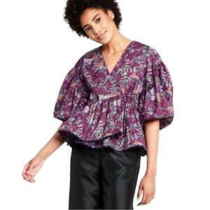 Kiki Vargas x Target Coral Reef Scallop Edge Wrap Balloon Sleeve Top Purple NWT